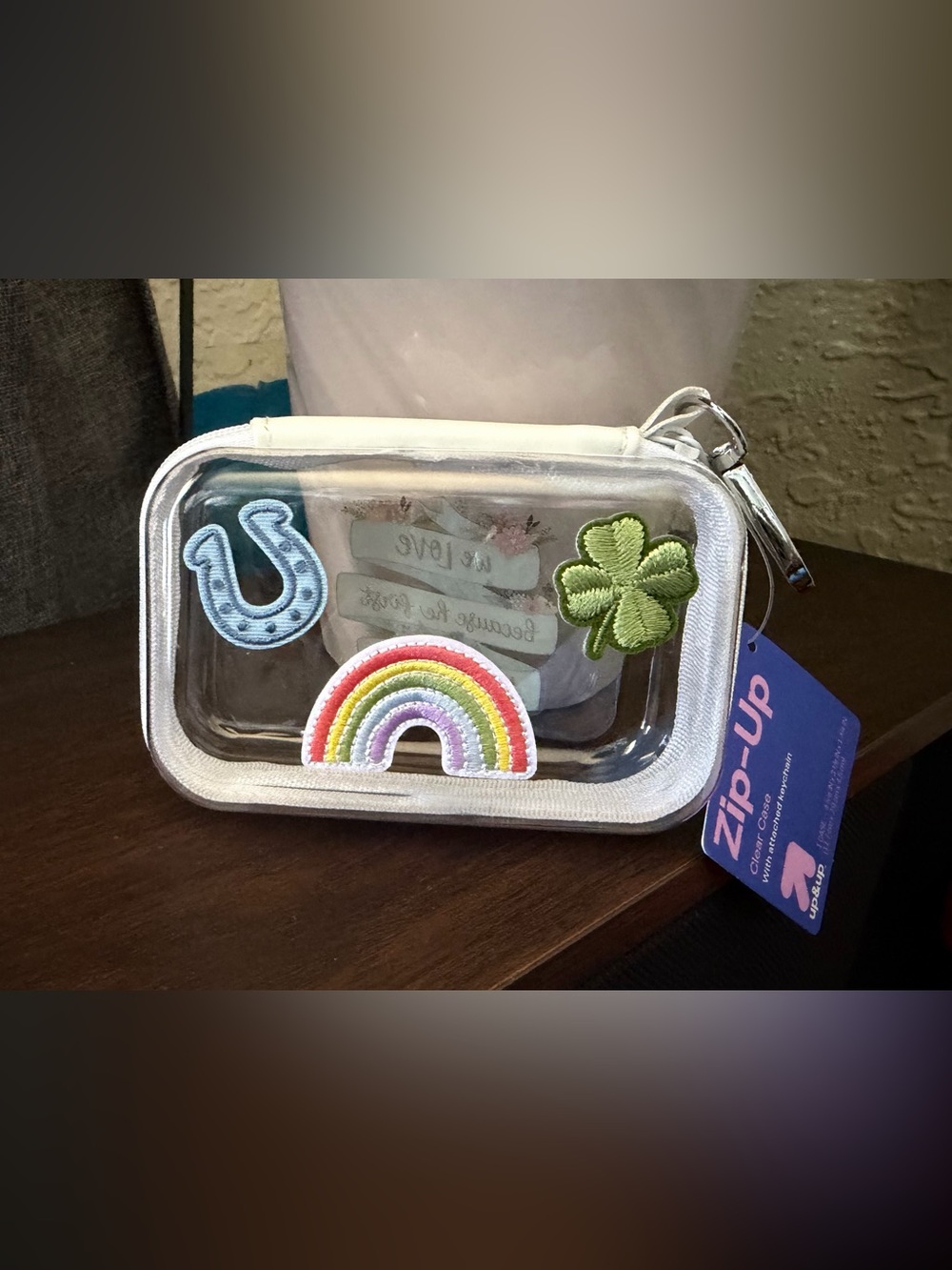 Clear Kids Accessory Pouch with Rainbow, Clover & Horseshoe Patches - White Trim